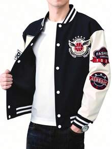 Chaqueta de béisbol informal de para deportes al aire libre, Día del Padre Chaqueta con capucha de contraste, casual para hombre, primavera otoño - Azul Marino - Ver 4