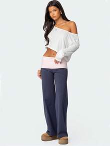 Wide Leg Yoga Pants For Women Y2K Low Waist Fold Over Loose Lounge Flare Leggings Sweatpants - 藍色 - 查看 3