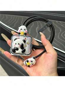 防震熊猫元素5件套3D熊猫卡通软充电适配器保护套，兼容苹果20W/18W 14/15/16充电器适配器，1.5米线缆整理绕线器，女士节生日礼物 - 彩色 - 查看 4