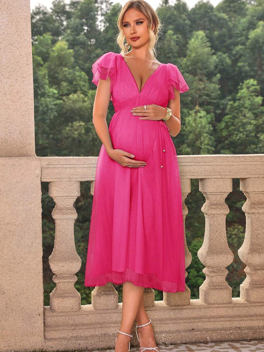 Joyfunear Maternity Fashionable Solid Color Ruffle Sleeve Deep V Neck Dress Summer - Hot Pink - View 1