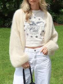 Women's Fuzzy Knit Sweater Long Lantern Sleeve Open Front Solid Color Cardigan Fall Coat - White - View 2
