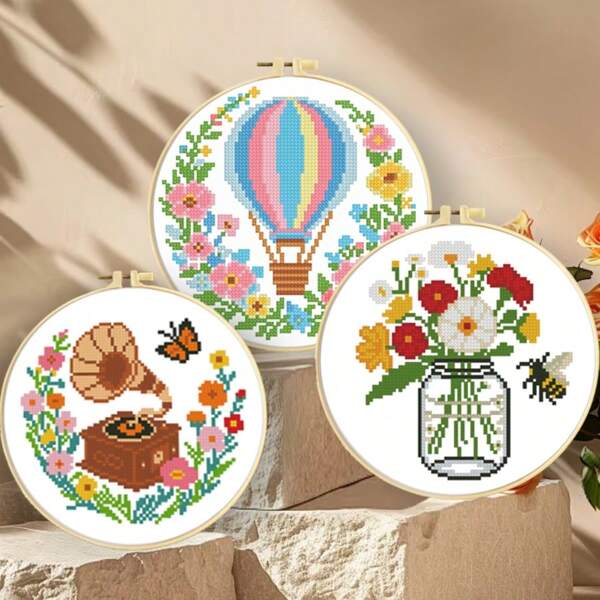 Kit de bordado de punto de cruz de 11CT, incluye patrones de gramófono / globo aerostático / florero de colmena, hilo de bordar de 3 hebras, juego completo de materiales (agujas, marco de bambú de 8 pulgadas, gráfico de patrón), bordado hecho a mano, ideal para principiantes, regalo de curación primaveral/veraniego