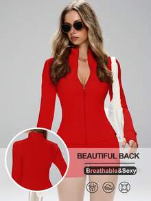 Áo khoác thể thao này có kiểu dáng tối giản, thời trang, pha trộn giữa yếu tố học đường và thể thao. Với tay dài và lỗ xỏ ngón tay cái, chất liệu co giãn thoải mái giúp áo phù hợp cho các bài tập khiêu vũ/Pilates. Thiết kế khóa kéo phía trước với cổ áo thấp giúp bạn dễ dàng chuyển đổi từ đường phố đến phòng tập. Đường may tạo dáng, phom dáng ôm sát, che phủ toàn diện, tay dài có lỗ xỏ ngón tay cái, thắt eo hiệu quả, xếp ly nâng ngực, cấu trúc co giãn 360° và khóa kéo chống trượt. Áo khoác nữ ôm sát có khóa kéo mùa xuân - Đỏ - Xem 3