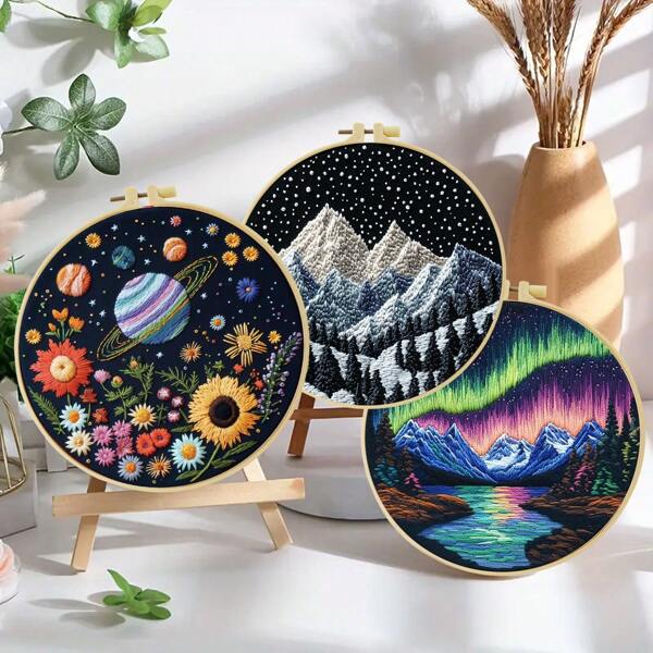 1 Pezzo Kit di Ricamo, Tema Scenico Interstellare, 20x20cm/7.9x7.9 Pollici, Kit di Ricamo Fatto a Mano DIY, Adatto Sia per Adulti che per Principianti, Inclusi Manuale Utente, Tessuto Stampato, Telaio da Ricamo, Aghi e Fili