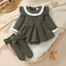 2pcs Set Baby Girls Casual Elegant Cute White Fluffy Collar Dark Green Long Sleeve Bodysuit Dress Outfit And Bowknot Long Socks, Spring/Autumn - Dark Green - View 2