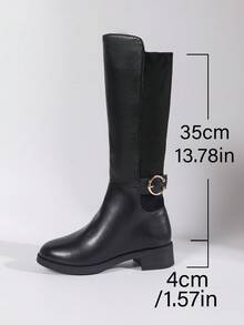 女士皮革和绒面革拼接时尚金属扣装饰侧拉链设计经典圆头舒适不束缚高筒修身腿部修身，薄款保暖内衬保暖透气，平跟舒适全天穿着，百搭秋冬马术靴，黑色靴子 - 黑色 - 查看 9