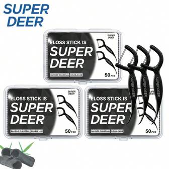 Fawnmum 50 piezas Palillos de hilo dental de doble línea con carbón de bambú, limpieza entre los dientes para el cuidado oral