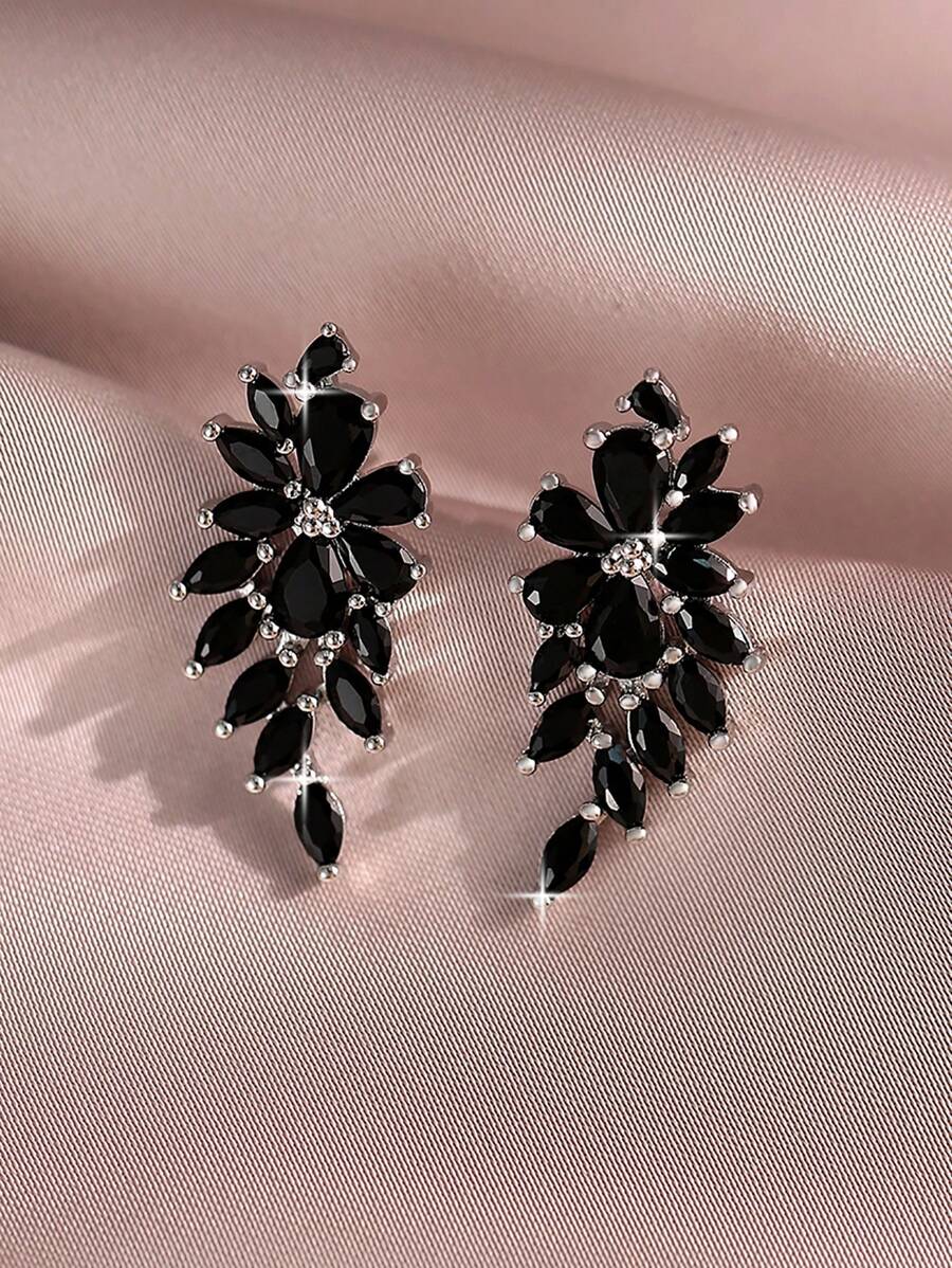 1 对奢华羽毛形黑色耳钉，适合女士，适合返校季，方晶锆石，礼物，日常佩戴，铜饰品