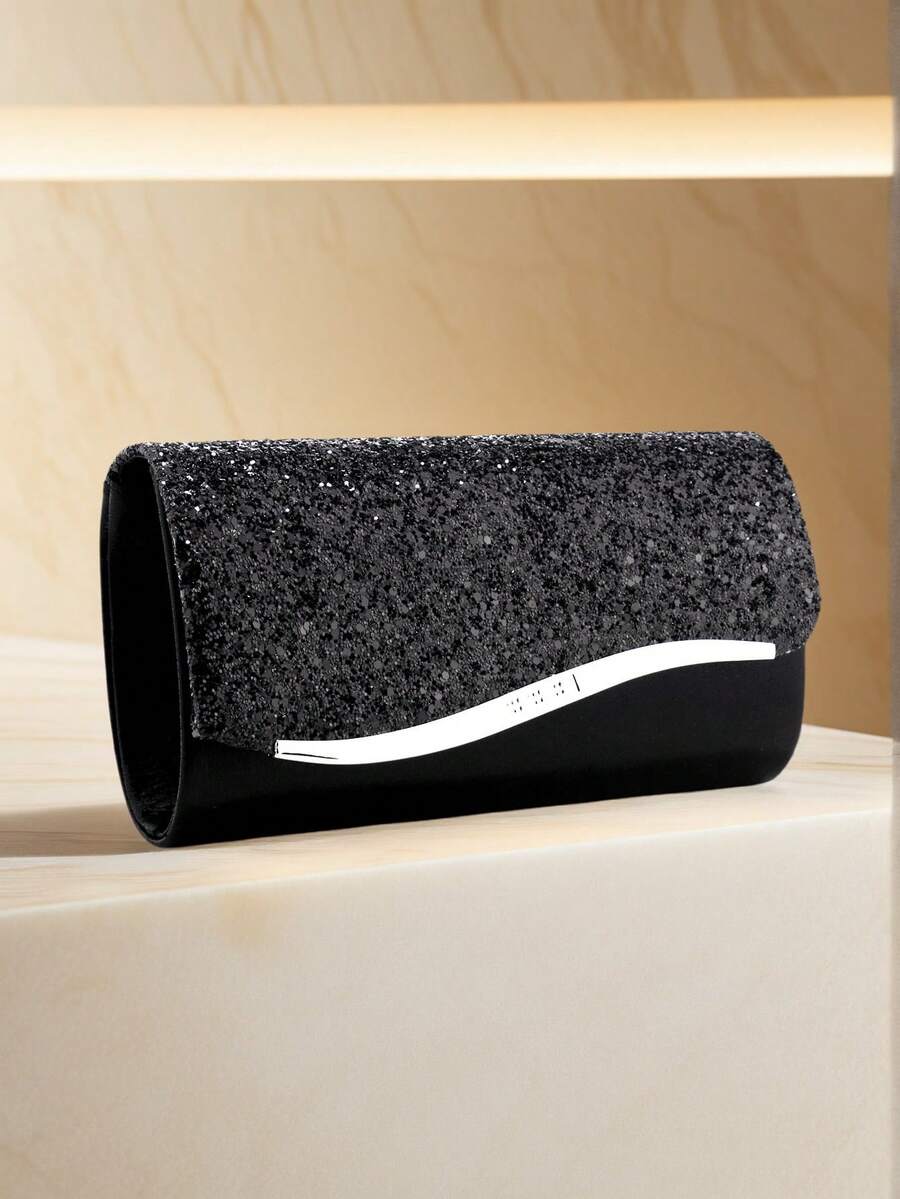 黑色女士晚装包信封设计派对婚礼女孩手提包带链条单肩包天鹅绒时尚钱包