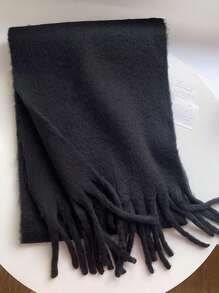 1pc Solid Color Scarf, Warm & Thick Knitted Wool, Tassel Decor, Suitable For Outdoor Wear In Winter