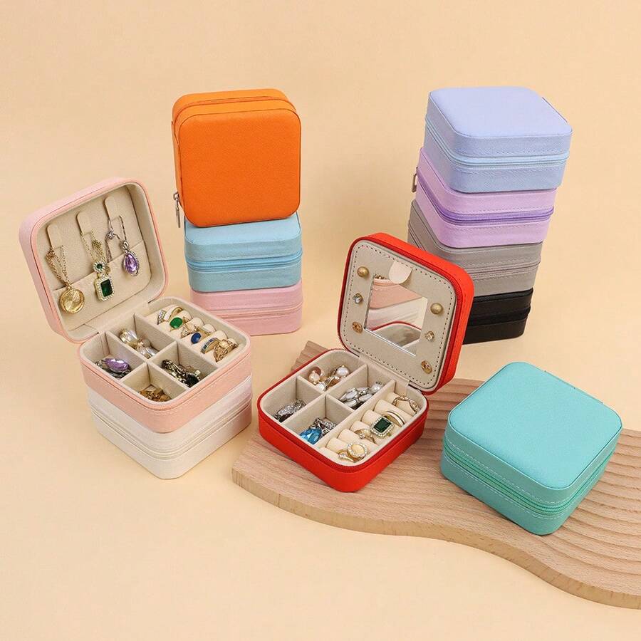 Mini And Portable! Solid Color PU Leather Jewelry Box, Very Convenient For Travel Storage Of Necklaces, Rings And Earrings, Dust-Proof Design To Protect Exquisite Accessories - 淺粉色 - 查看 1