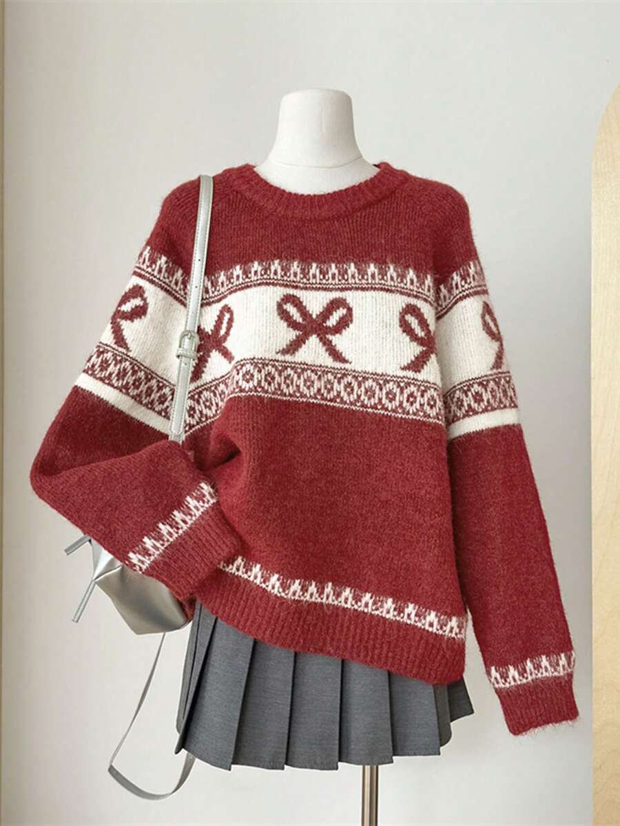 秋冬新款柔美蝴蝶刺绣宽松针织衫上衣，精致大气 - 紅色 - 查看 1