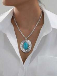 1 件蛇皮链金属椭圆形仿绿松石吊坠项链珠宝配饰 - 适合女性日常佩戴 - 銀色+綠松石 - 查看 1