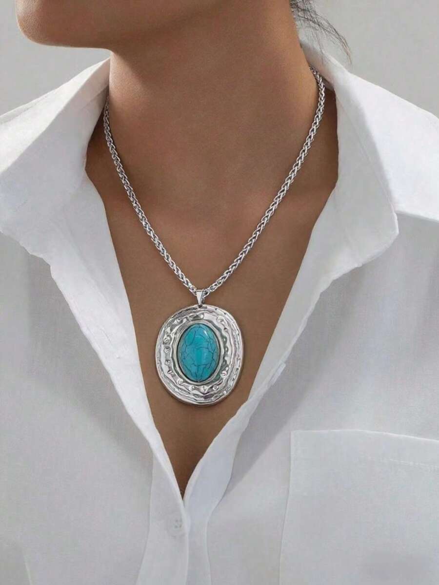 1 件蛇皮链金属椭圆形仿绿松石吊坠项链珠宝配饰 - 适合女性日常佩戴 - 銀色+綠松石 - 查看 1