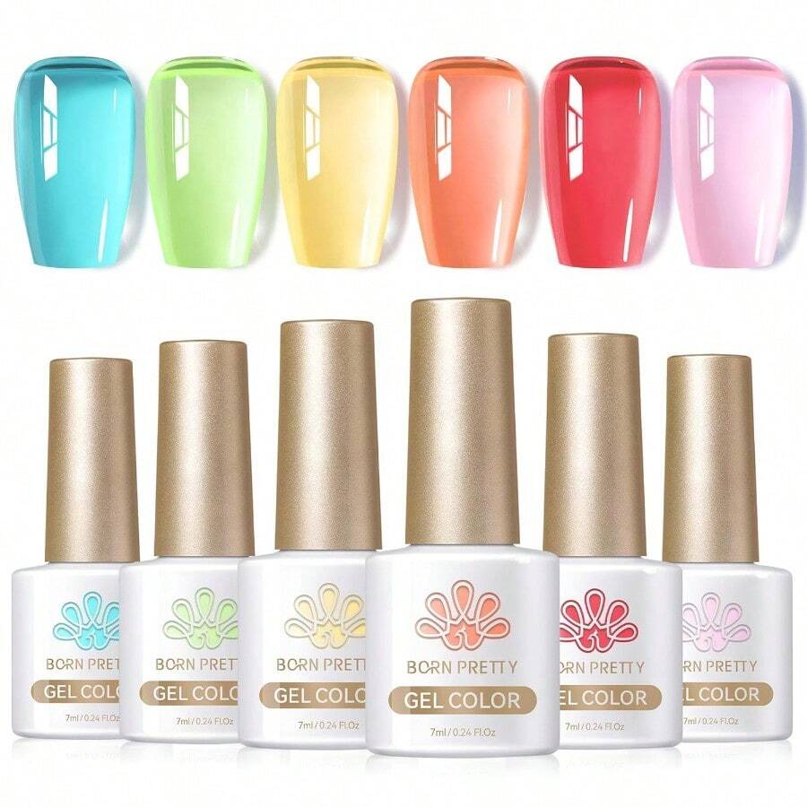 Jelly Gel Nail Polish Set Spring Summer Crystal Glass Translucent Pastel Gel Polish Blue Yellow Pink Soak Off UV Gel Polish 7ML 6PCSDEVO - 海玻璃 - 查看 1