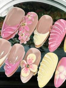 纯手工指甲法式粉色花卉3D波浪3D花朵指甲黄色指甲杏仁按压指甲10片假指甲女士女孩日常佩戴美甲用品指甲 - 黃色 - 查看 3