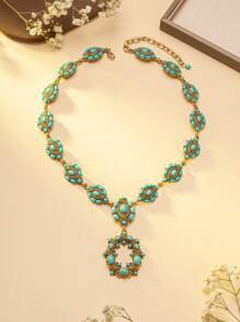 1 件项链 1 对耳环套装，复古波西米亚绿松石金项链耳环套装，奢华绿松石雕花金属项链耳环套装，独特的绿松石首饰套装，时尚绿松石镶嵌复古项链耳环组合