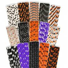 25pcs/50pcs/100pcs Assorted Halloween Paper Straws, 10+ Styles In Black, Orange, Purple Party Straws With Stripe, Wave, Polka Dot, Skull, Ghost, Bat, Pumpkin, Spider Patterns For Halloween Party, Birthday Party, Day Of The Dead, Color And Style Random
