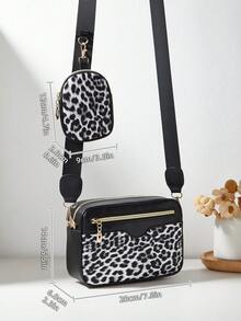 1 pieza Bolso pequeño para niñas con patrón de olas y letras en relieve, billetera para teléfono y monedero - Leopardo blanco y negro - Ver 2