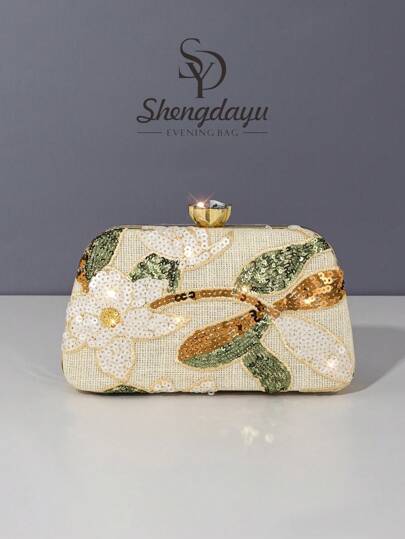 1pc New Floral Pattern Women's Handbag, 2025 New Vintage Champagne Sequin Embroidered Flower Chain Evening Bag, Suitable For Party Girls, Brides, Newlyweds And Office Ladies, Party, Wedding, Mini Box Bag (Random Pattern), Suitable For Work, Business Trip, Outing, Commuting