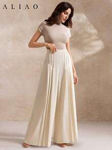 Aliao Elegant Plain Simple Straight High-Waisted City Casual Loose Straight Leg Pant, Office Outfits, Casual, Modest, Brunch Outfits For Women, Club Outfits, Vacation Outfits Woman, Business Casual Woman - Apricot - View 6