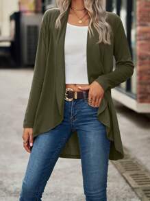 Women Cardigan, Long Sleeve Open Front Solid Ladies Jacket Fall Tops For Casual Daily - Army Green - View 2