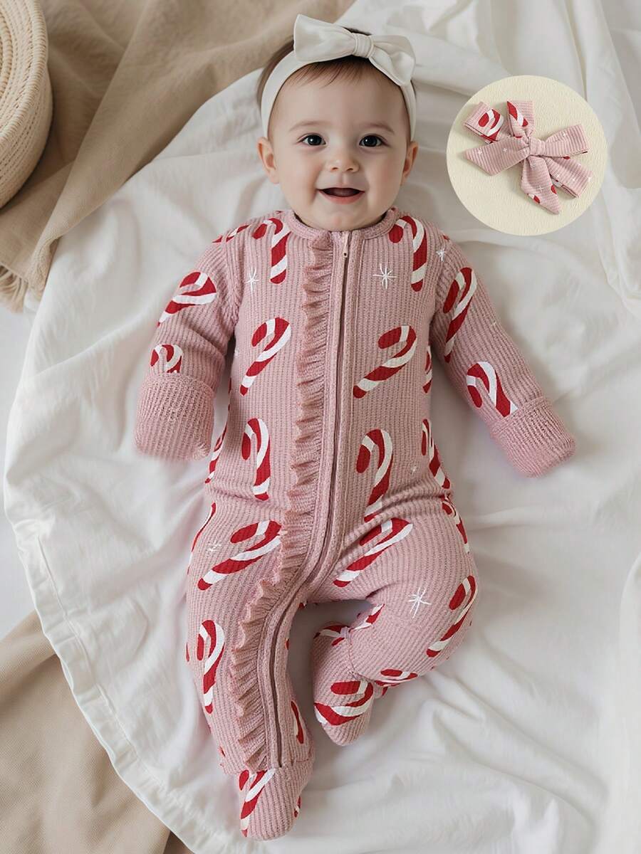 Newborn Baby Girl Christmas Romper Footie Gingerbread Candy Cane Long Sleeve Footed Jumpsuit Headband - Pink - View 1