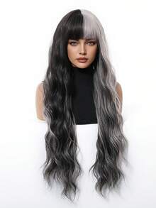 26英寸女士黑白波浪卷发假发，带刘海，自然柔软渐变卷发，适合日常佩戴、派对、角色扮演等场合。 - 黑與白 - 查看 5