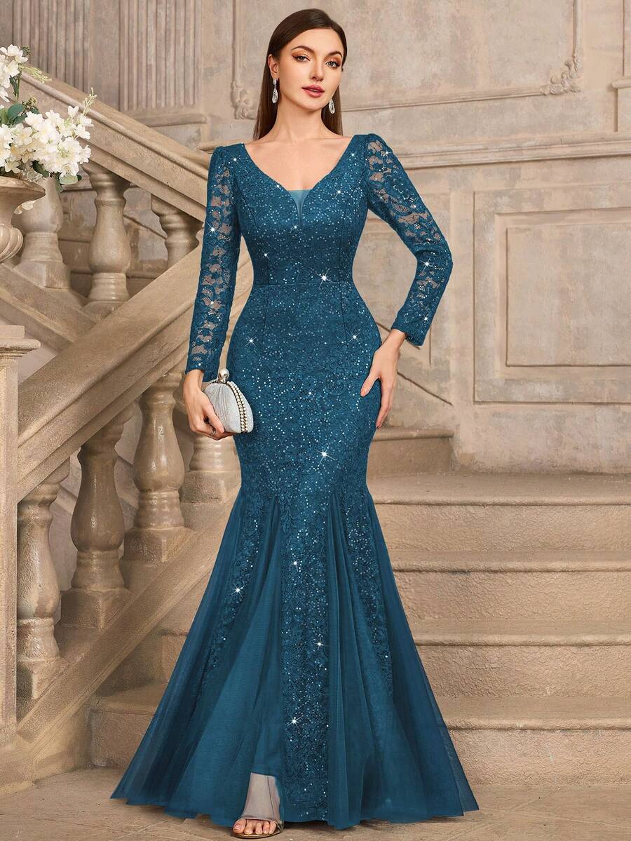 Elisanya 亮片花卉蕾丝深 V 领长袖网眼美人鱼下摆晚会长裙