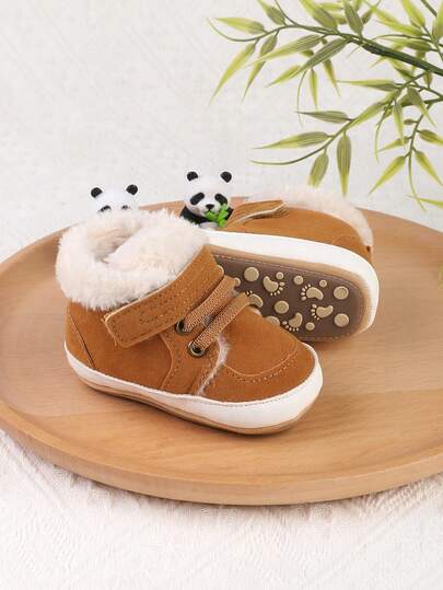 1 Pair Boys & Girls Fashion Versatile Thermal Lined Thickened Hook & Loop Design Toddler Shoes, Winter