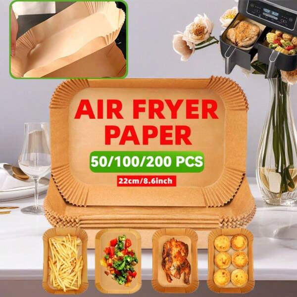 50/100/200 stuks voorgesneden bakpapier voor airfryer | 22x14cm antiaanbakbakpapier voor frituurpannen met dubbele mand | Hittebestendige wegwerpbakplaten (rechthoekig), hoeft niet schoongemaakt te worden, voordelige bulkset