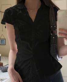 Women's Short Sleeve Back Tie Up Shirts Button Down Plaid Blouses Casual Tshirt Tops - Black - View 2