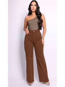 BNB Women's Wide Leg Jeans, High Waist, Elegant Outfits, Premium Twill - 摩卡慕斯 - 查看 3