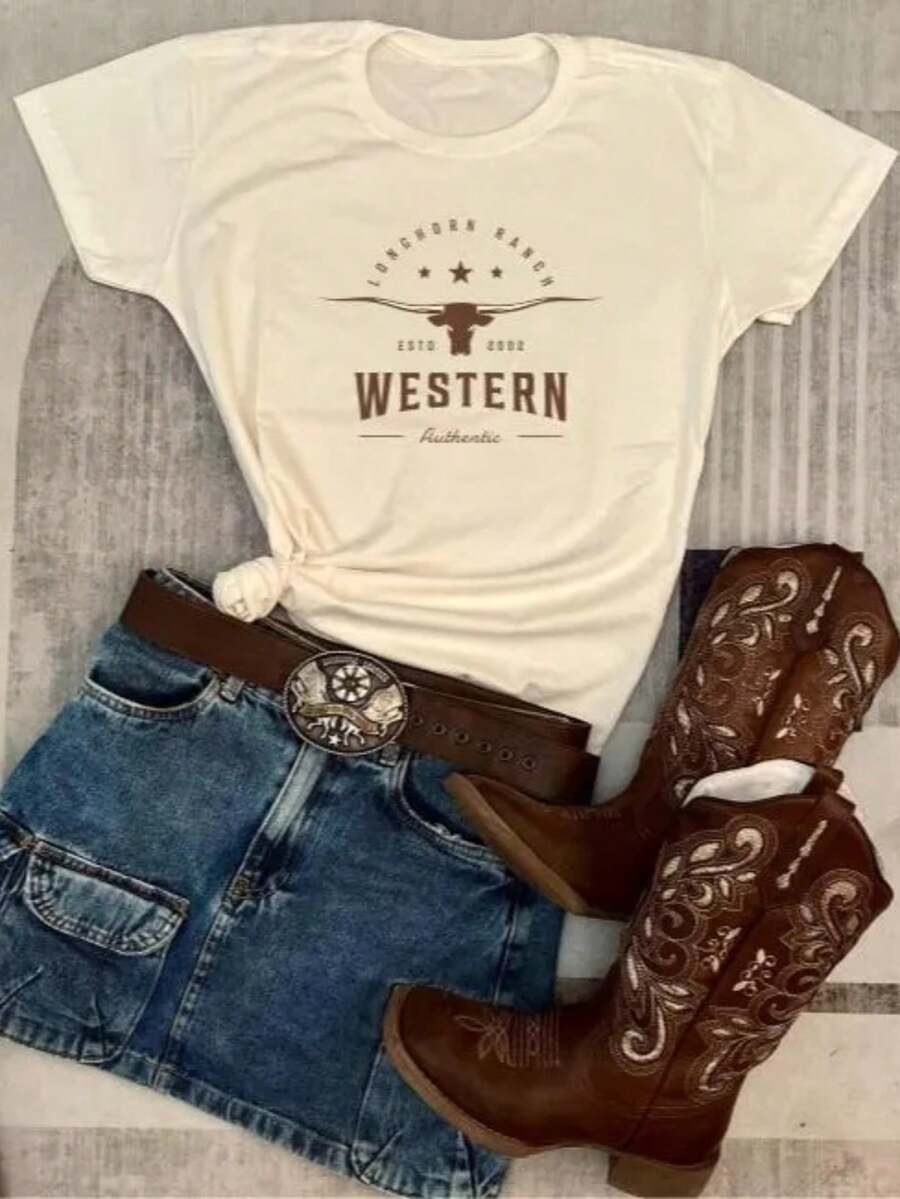 T-Shirt Women's Western Longhorn Printed T-Shirt 100% Cotton Shirt Free Fast Shipping - Màu be - Xem 1