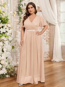 Vestido con mangas de mariposa, cuello en V, encaje floral, parche de gasa, cinturón de strass, talla grande, adecuado para invitados de boda, verano, cumpleaños, graduación, regreso a la escuela y otras ocasiones elegantes - Champán - Ver 7