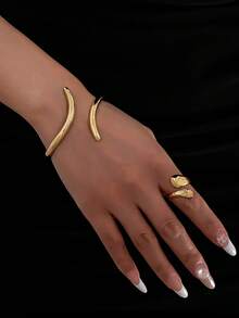 2pcs Elegant Teardrop Shaped Women Jewelry Set, Includes 1pc Cuff Bracelet And 1pc Open Ring, Suitable For Daily Wear And Party, Great Gift For Women - Yellow Gold - View 16