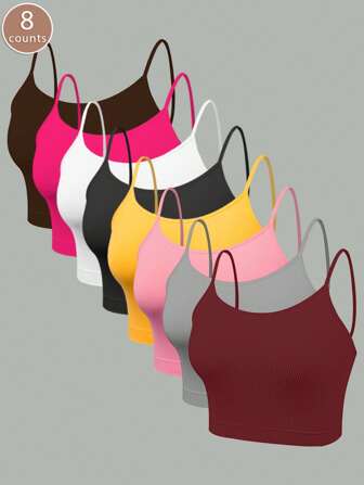 8pcs Seamless Stretchy Active Camis & Sports Bras, Breathable Multicolor Women Undergarments