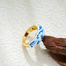 1 件中国风铜镀青花瓷新中式陶瓷波纹戒指首饰配件