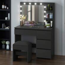 Dressing Table With Stool, Classic Style Vanity Desk With Adjustable 3-Colour LED Lights, Black - Black - View 2