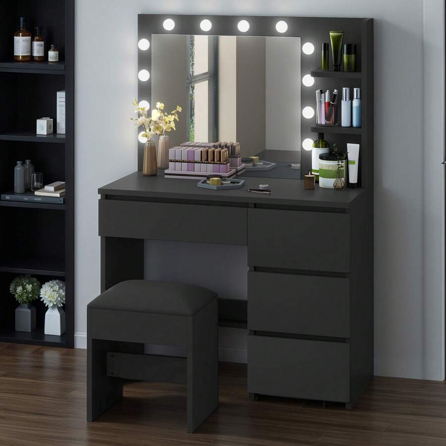 Dressing Table With Stool, Classic Style Vanity Desk With Adjustable 3-Colour LED Lights, Black