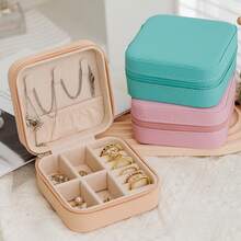 Mini And Portable! Solid Color PU Leather Jewelry Box, Very Convenient For Travel Storage Of Necklaces, Rings And Earrings, Dust-Proof Design To Protect Exquisite Accessories - 淺粉色 - 查看 4