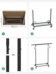 Clothes Rack On Wheels, Heavy Duty Clothes Rail, With Extendable Hanging Rail, 90 Kg Load Capacity, Easy Assembly, Portable, Black - Black - View 7