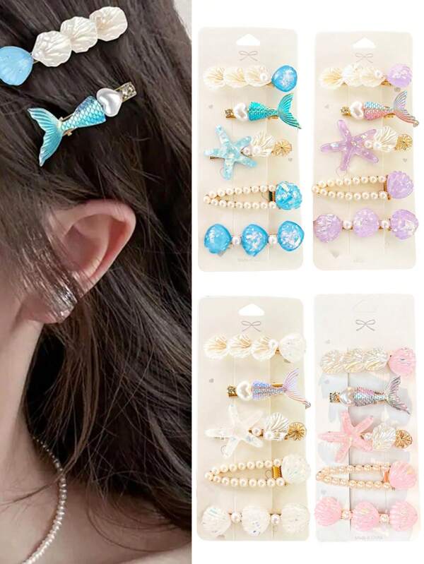 Women's Ocean Style Hair Clips Set, Elegant Pearl, Shell, Fish Tail Design, Suitable For Daily, Travel, Beach Resort, Claw Clips, Hair Claws, Hair Slide, Hair Barrettes