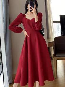 Vestidos largos de mujer Hepburn vintage cuello en v largo temperamento vestidos largos - Rojo - Ver 5