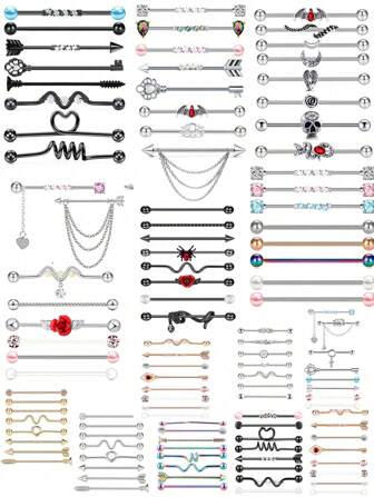 8入組14g不銹鋼工業用耳珠軟骨身體飾品38mm 1&1/2 英寸工業用刺穿條,適用於女士男士蛇鏈垂墜