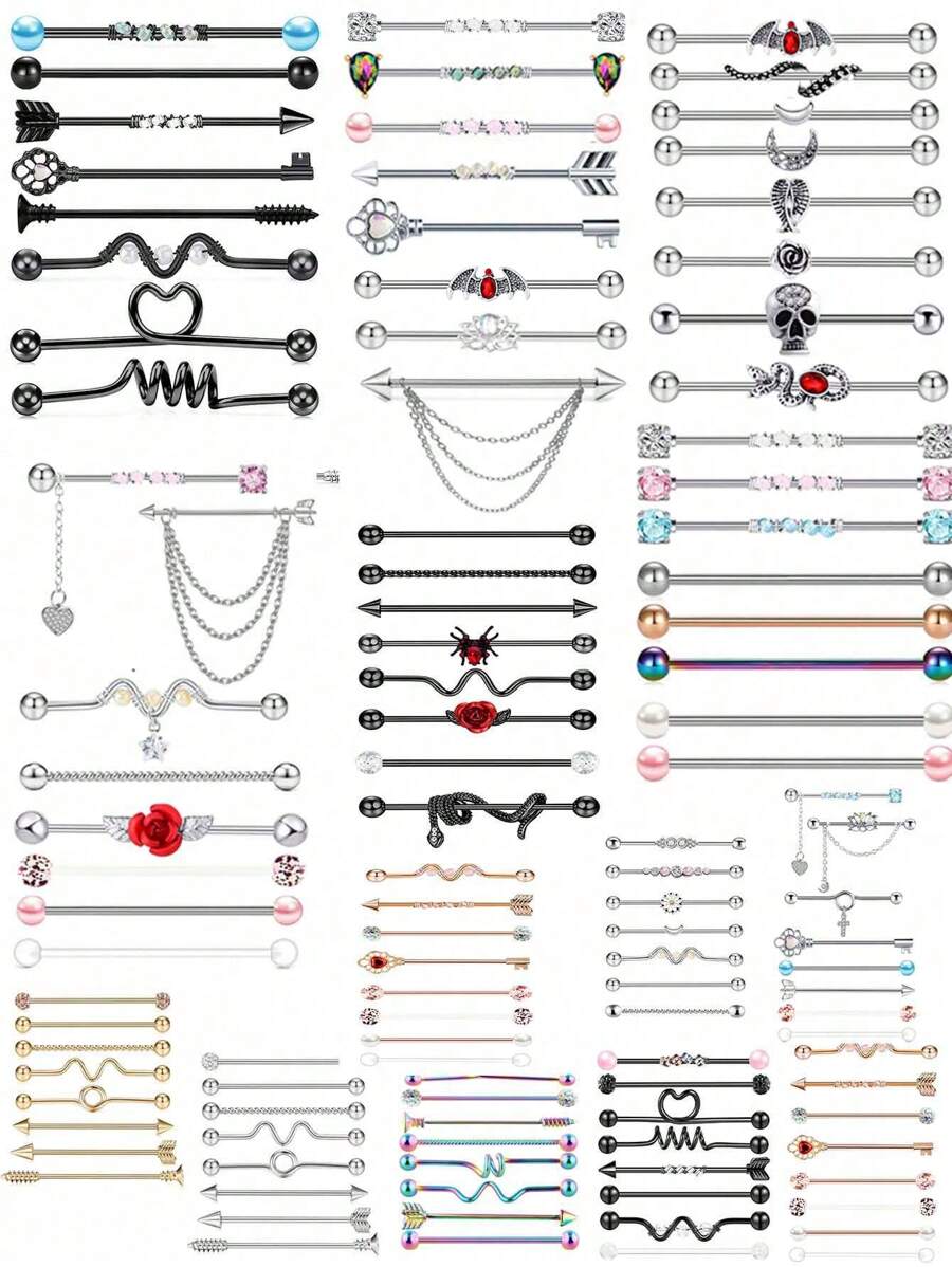 8入組14g不銹鋼工業用耳珠軟骨身體飾品38mm 1&1/2 英寸工業用刺穿條,適用於女士男士蛇鏈垂墜