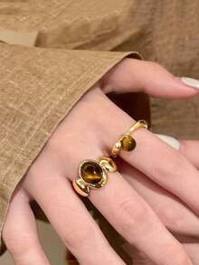 1pc/3pcs Gold Sunflower & Tiger Eye Stone Ring, Unique Design Open Adjustable Ring For Women - Multicolor - View 11