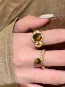 1pc/3pcs Gold Sunflower & Tiger Eye Stone Ring, Unique Design Open Adjustable Ring For Women - Multicolor - View 8