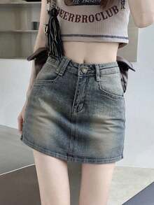 Chân váy ngắn chữ A denim cổ điển, dáng ôm body tôn dáng, thiết kế chống lộ hàng - Màu xanh lam - Xem 1