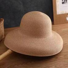 1pc Women's Black Wide Brim Sun Hat, UV Protection Fisherman Straw Hat For Summer